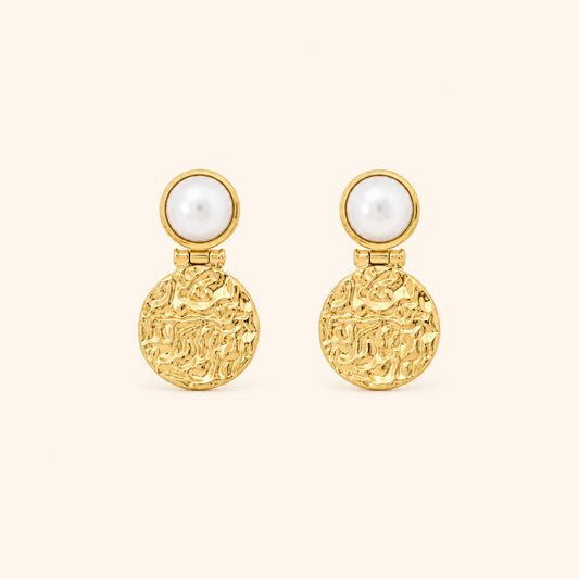 Minimal Brass Pearl Disc Drop Earrings