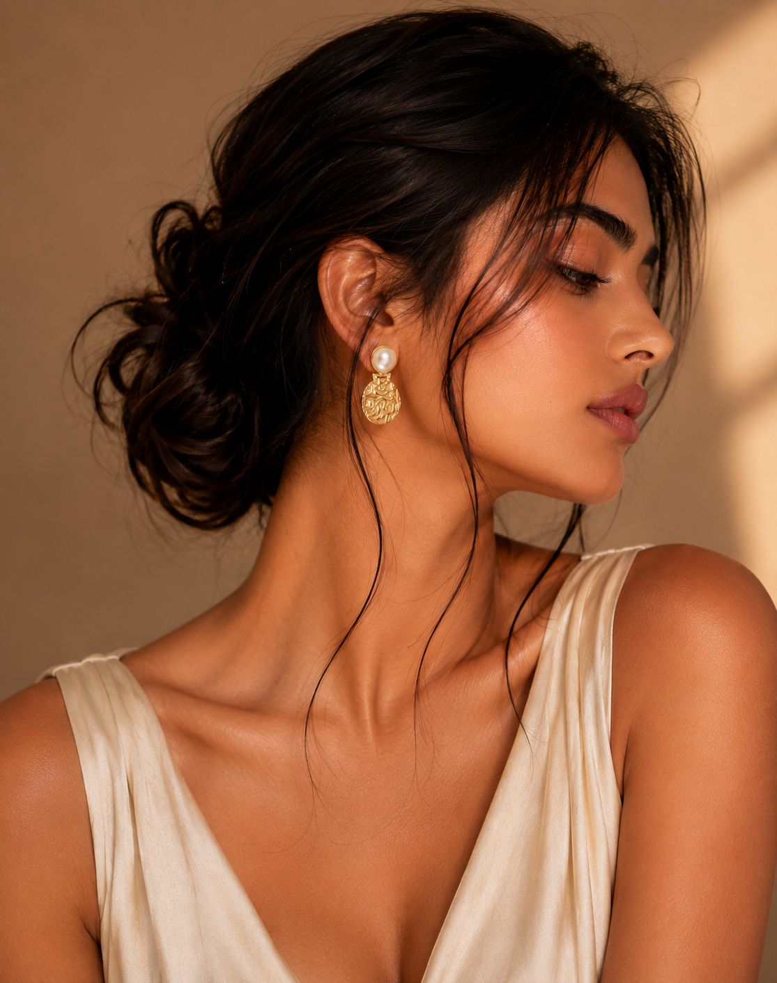 Minimal Brass Pearl Disc Drop Earrings