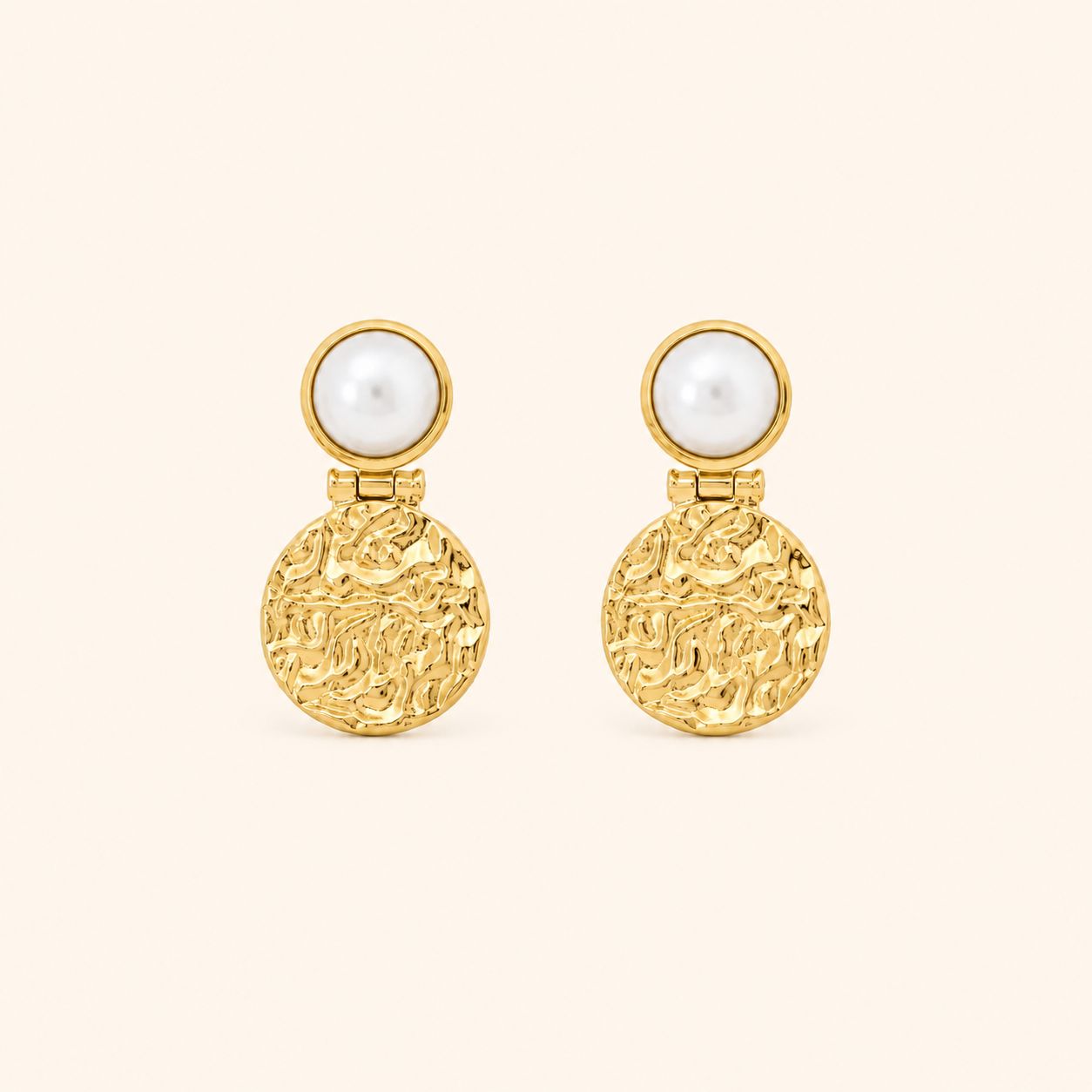Minimal Brass Pearl Disc Drop Earrings